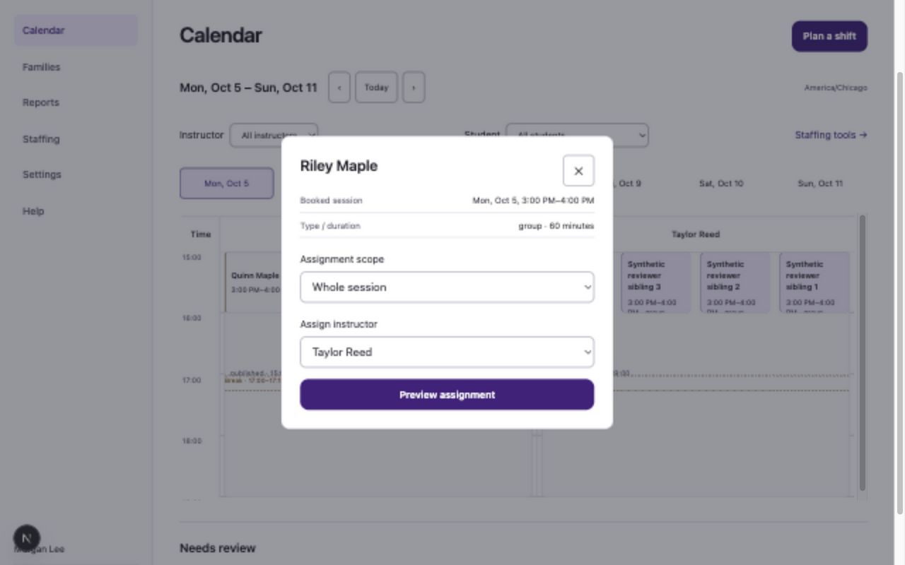 Synthetic manager session dialog with Assignment scope, Assign instructor and preview control