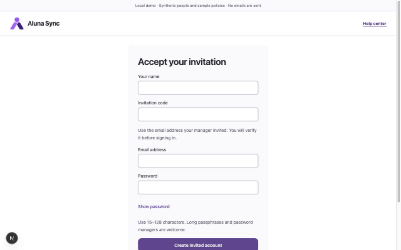Blank invitation form with name, invitation code, email and password fields