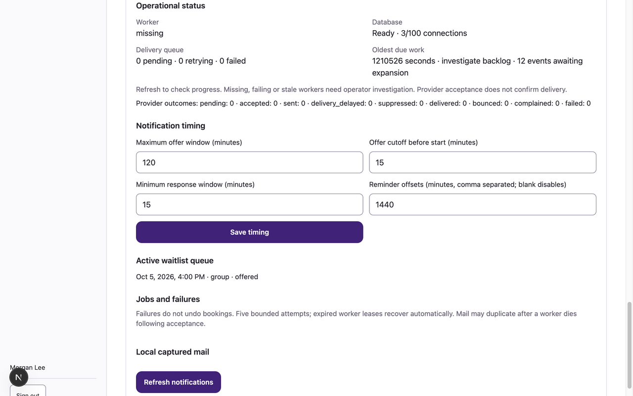 Synthetic manager notification operational status with worker and delivery queue indicators