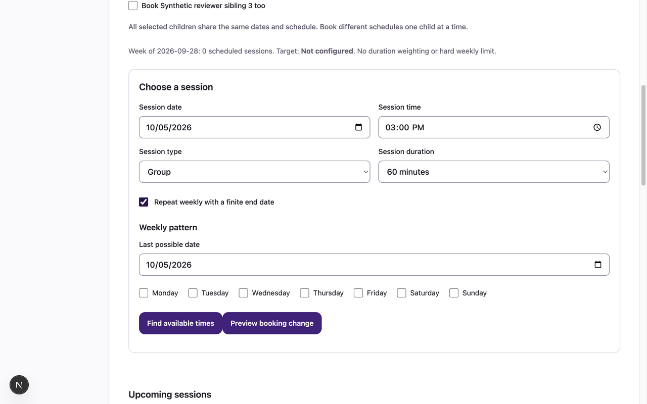 Synthetic weekly booking form with finite end date and weekday choices