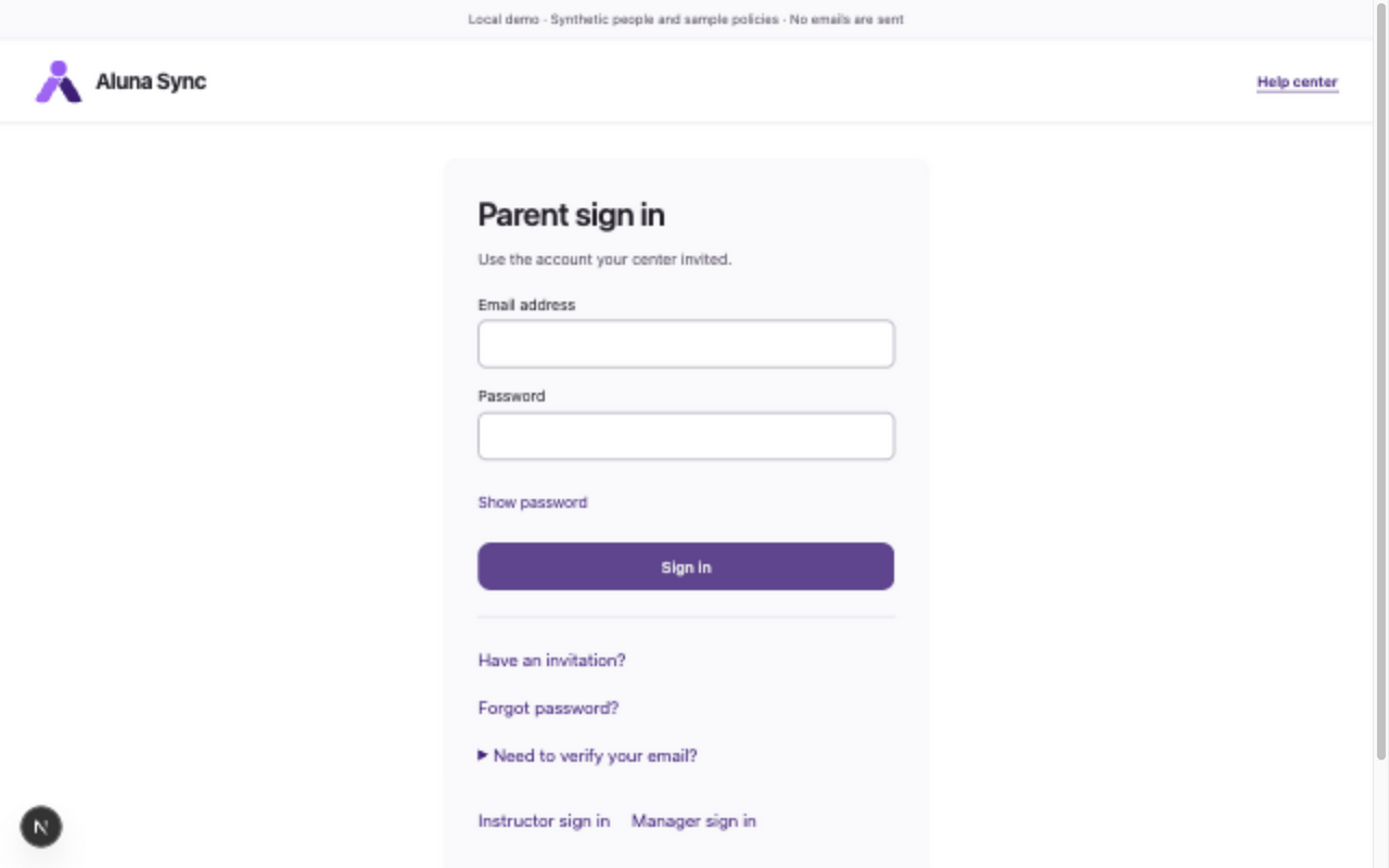 Parent sign-in form and labeled links to instructor and manager sign-in pages