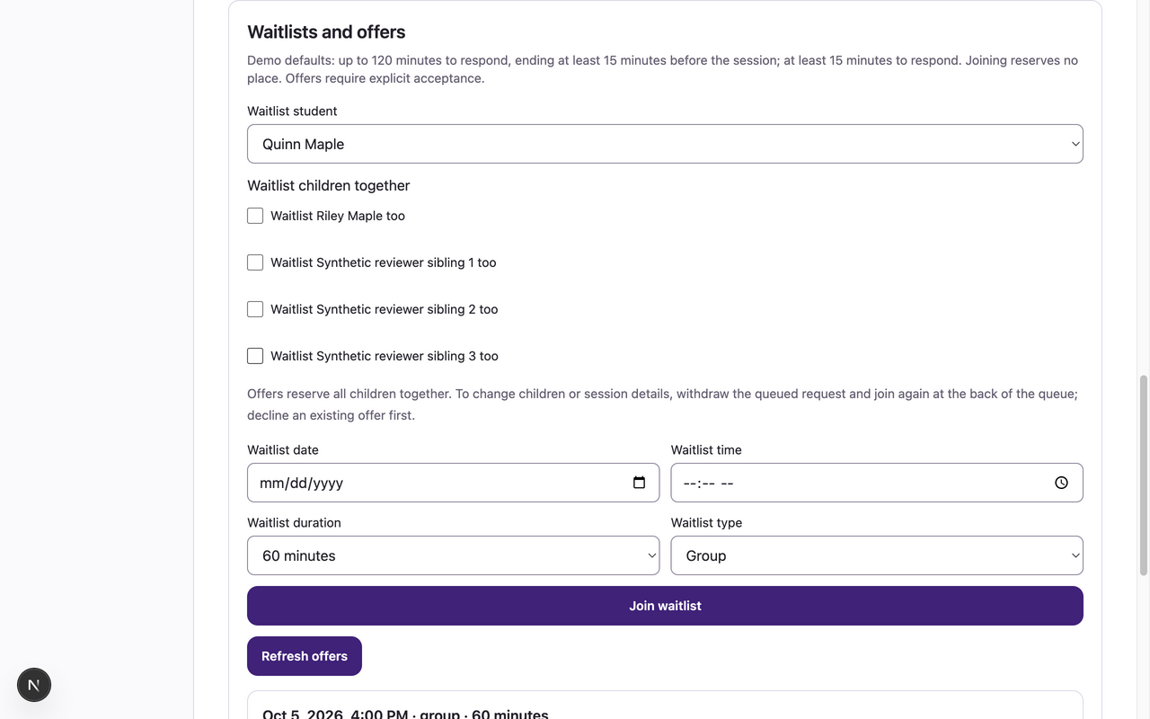 Synthetic waitlist request and offer with expiry, policy acknowledgment and Accept offer or Decline offer controls